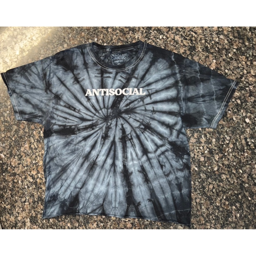 Spencer's Antisocial Tie Dye Graphic T-Shirt Black Grey Raw Hem Mens Medium